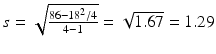 $$ s=\sqrt{\frac{86-{18}^2/4}{4-1}}=\sqrt{1.67}=1.29 $$