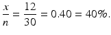 $$ \frac{x}{n}=\frac{12}{30}=0.40=40\%. $$
