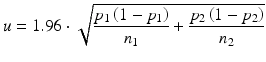 $$ u=1.96\cdot \sqrt{\frac{p_1\left(1-{p}_1\right)}{n_1}+\frac{p_2\left(1-{p}_2\right)}{n_2}} $$